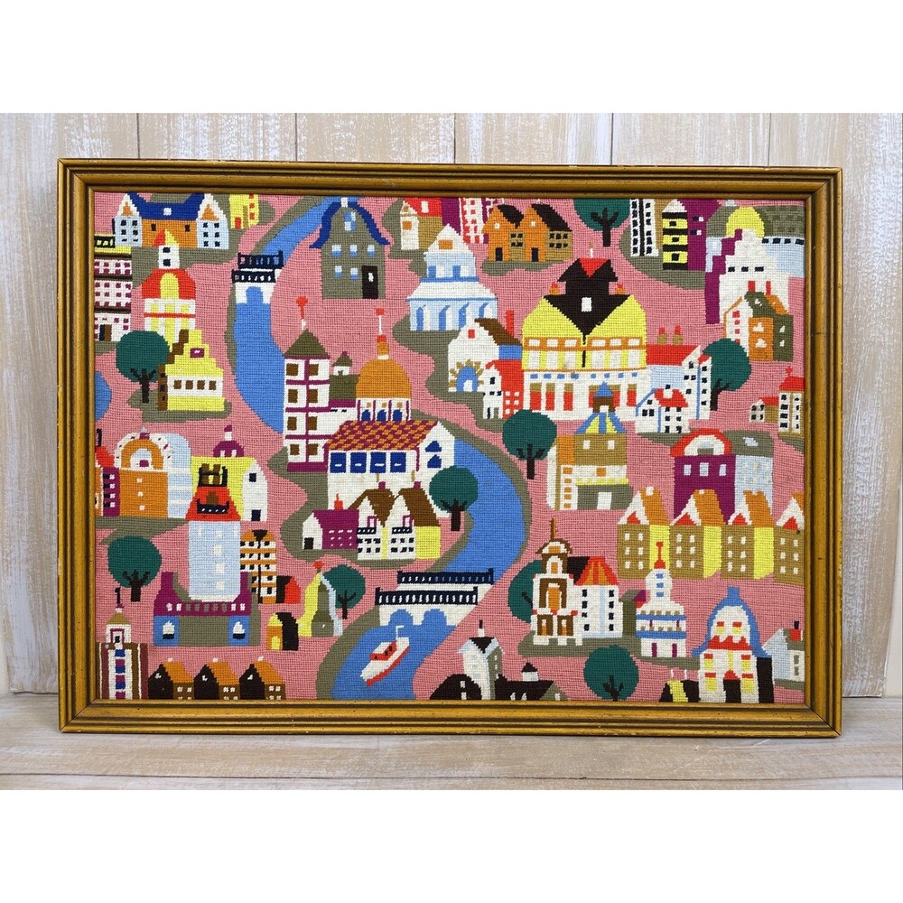 Vintage MCM New Amsterdam Colorful Canvas Framed Needlepoint Folk-Art 27"x19"